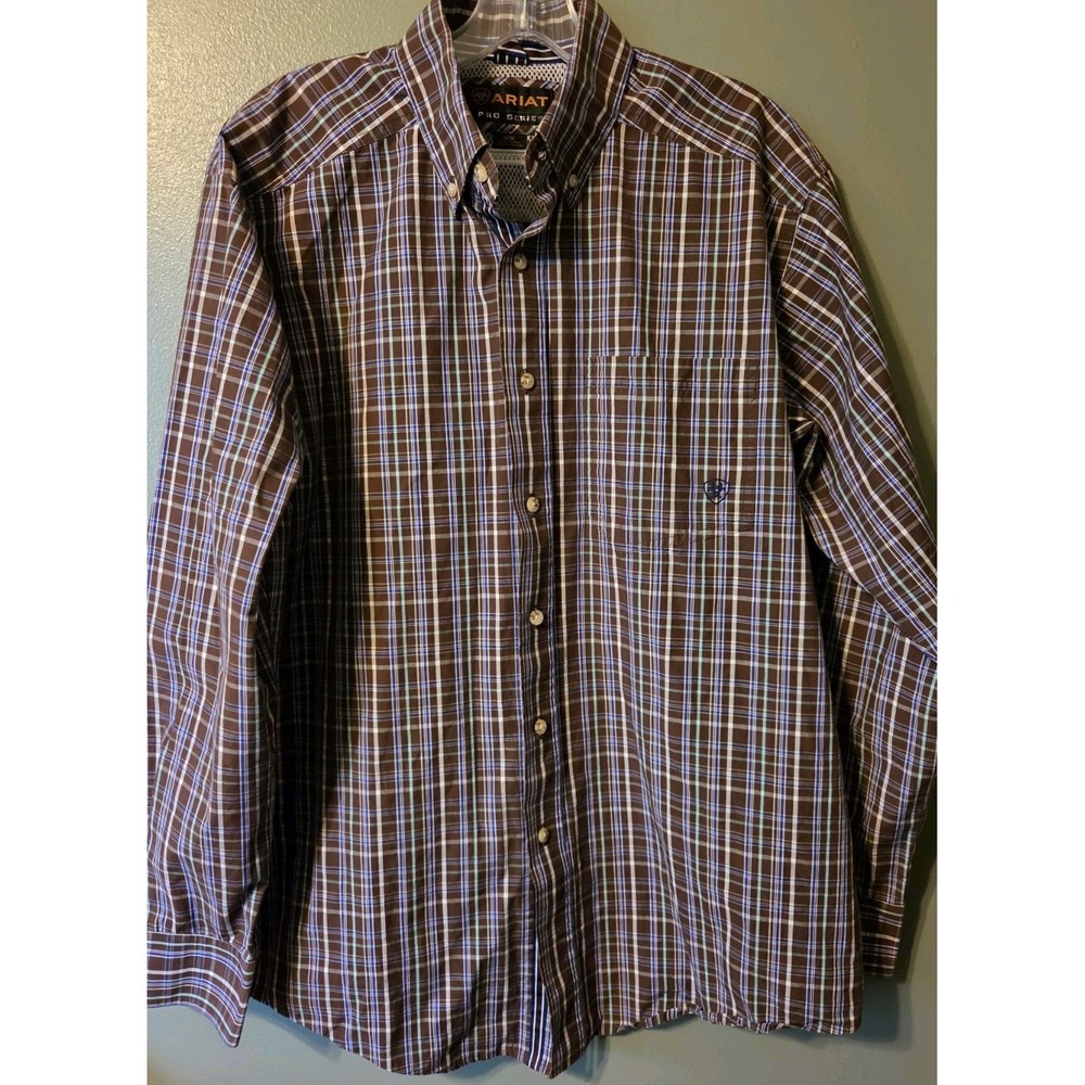Ariat Pro Series Shirt  Men's Medium Brown Plaid Long Sleeve Button Up Western